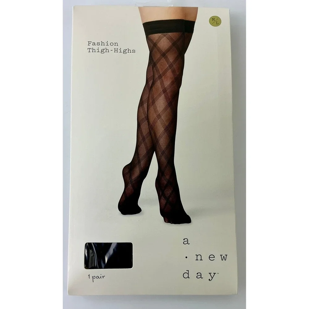 A New Day Fashion Thigh Highs M/L Black Diamond Pattern‎ Sheer Hosiery